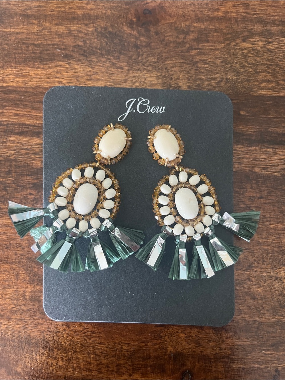 J. Crew Ivory and Green Tassel Statement Earrings